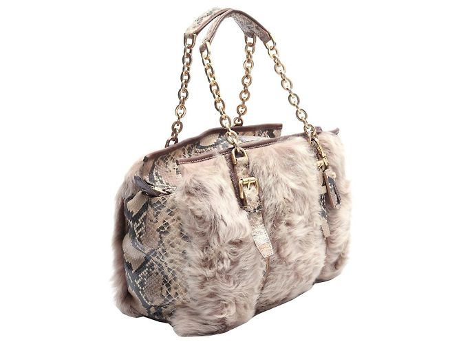 Pliage Longchamp Più shopper in pelle stampata serpente e vera pelliccia di coniglio Beige - vista 5