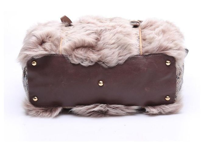 Pliage Longchamp Più shopper in pelle stampata serpente e vera pelliccia di coniglio Beige - vista 6
