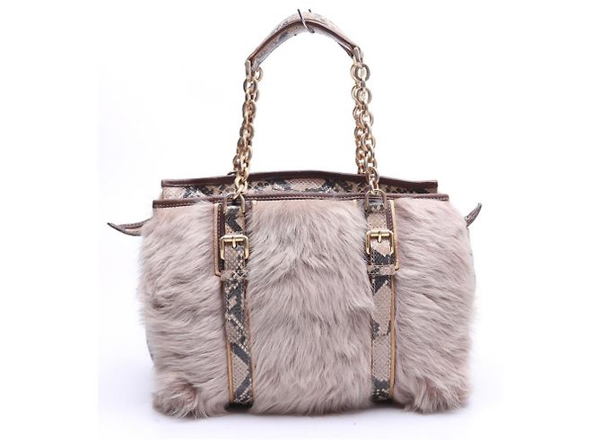 Pliage Longchamp Più shopper in pelle stampata serpente e vera pelliccia di coniglio Beige - vista 7