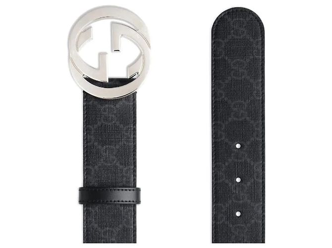 Gucci Supreme Belt Black Leather Interlocking G Buckle Silvery - view 2