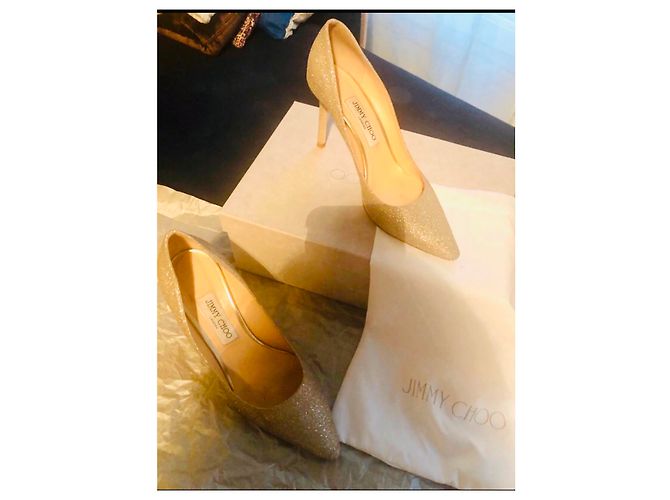 Décolleté Jimmy Choo Romy 85 Dorate con Paillettes e Pelle D'oro - vista 2
