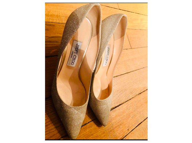 Décolleté Jimmy Choo Romy 85 Dorate con Paillettes e Pelle D'oro - vista 3