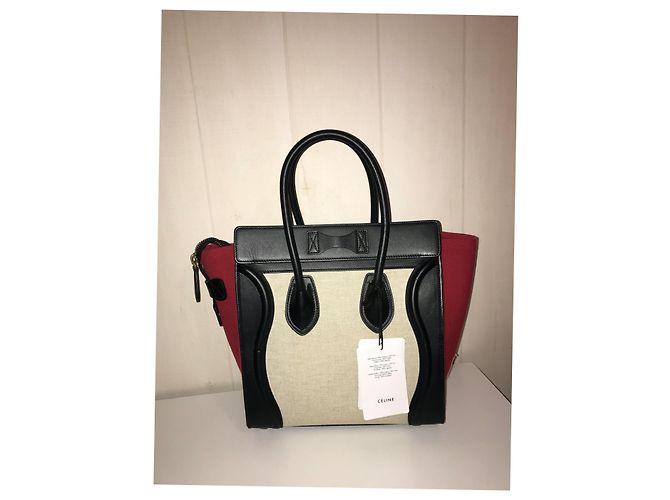 Borsa Céline Luggage Rossa ed Eggshell Pelle e Lino Rosso Bianco sporco - vista 2