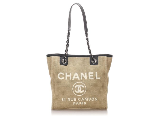 Chanel Brown Small Deauville Tote Black Beige Leather Cloth Pony-style ...