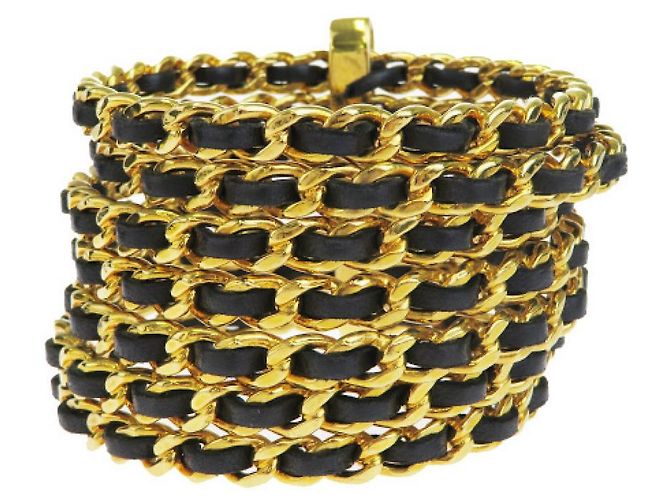 Chanel Couro tecido banhado a ouro 7 Pulseira de punho de anel Preto Dourado - vista 2