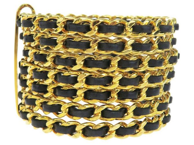 Chanel Couro tecido banhado a ouro 7 Pulseira de punho de anel Preto Dourado - vista 3