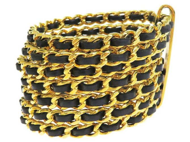 Chanel Couro tecido banhado a ouro 7 Pulseira de punho de anel Preto Dourado - vista 4
