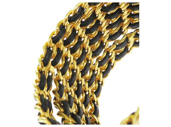 Chanel Couro tecido banhado a ouro 7 Pulseira de punho de anel Preto Dourado - vista 5