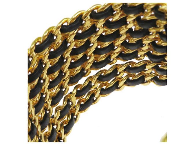 Chanel Couro tecido banhado a ouro 7 Pulseira de punho de anel Preto Dourado - vista 6