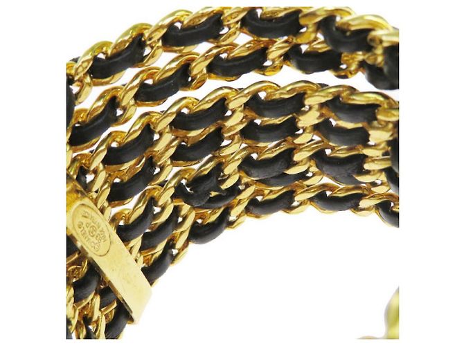 Chanel Couro tecido banhado a ouro 7 Pulseira de punho de anel Preto Dourado - vista 7