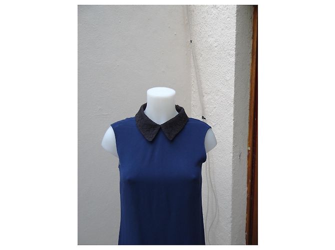 Vestido Miu Miu con Cuello de Encaje Negro Algodón Viscosa Azul - vista 2