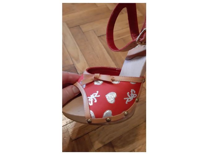Autre Marque Leather Clogs Red Fabric with Silver Lamé Hearts Silvery - view 6