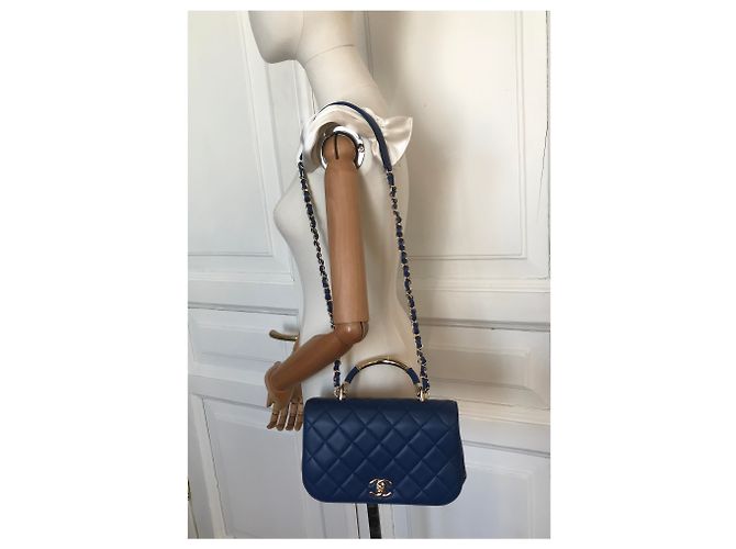 Chanel Medium Top Handle Flap Bag mit Karte, Box, Staubbeutel Blau Dunkelblau - Ansicht 19