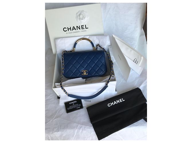 Chanel Medium Top Handle Flap Bag mit Karte, Box, Staubbeutel Blau Dunkelblau - Ansicht 2