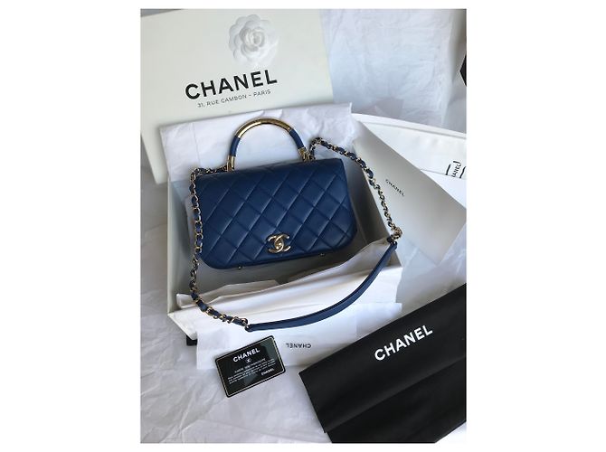 Chanel Medium Top Handle Flap Bag mit Karte, Box, Staubbeutel Blau Dunkelblau - Ansicht 34