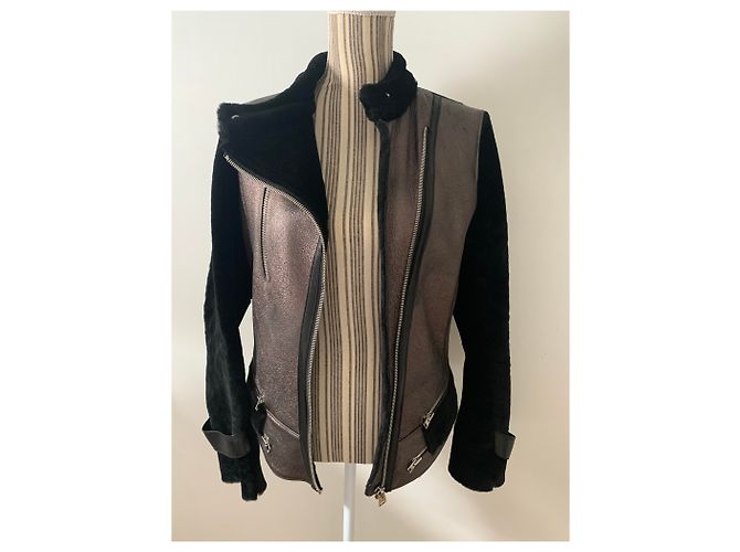 Bomber Giorgio in pelle e pelle di montone nero e bronzo - vista 5