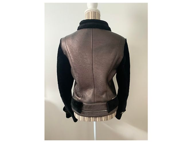 Bomber Giorgio in pelle e pelle di montone nero e bronzo - vista 6