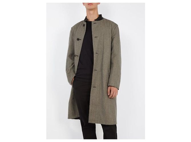 Lemaire Reversible Wool Coat with Leather Collar Grey - view 4