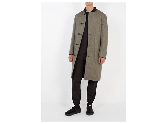 Lemaire Reversible Wool Coat with Leather Collar Grey - view 5