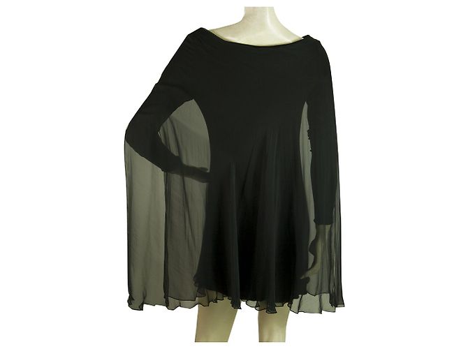 Stephan Janson Schwarz Viskose Seide Sheer Cape Mini Länge Abendkleid Größe 42 - Ansicht 2