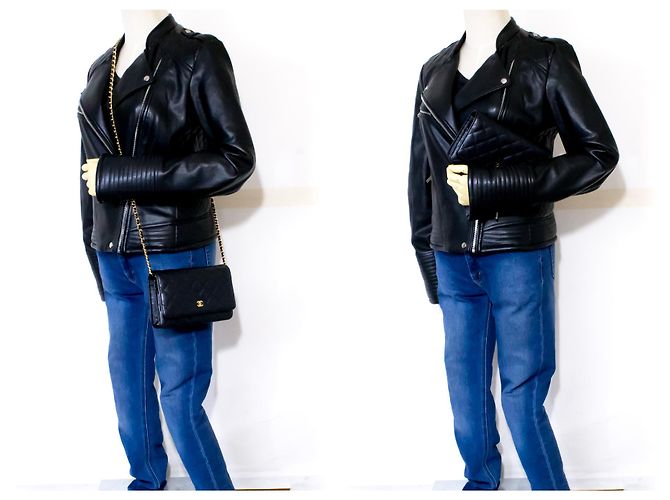 CHANEL Portafoglio con caviale su catena WOC Borsa a tracolla nera con tracolla Nero - vista 12