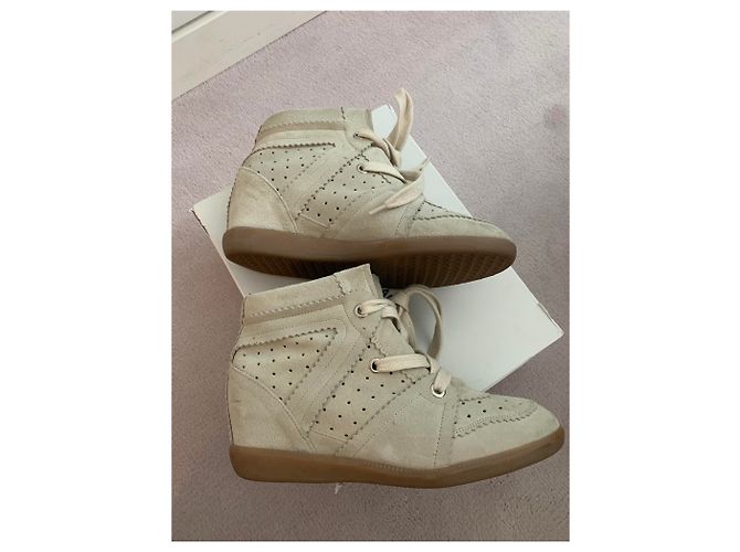 Baskets compensées Isabel Marant Bobby en daim beige - vue 2