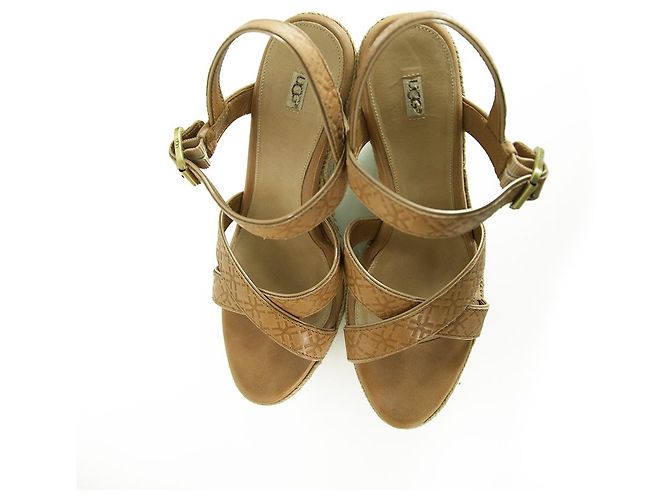 Ugg Australia Jasmine Embossed Tan Leather Wedge Heel Sandal Platform Chaussures 40 Beige - vue 2