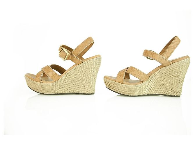 Ugg Australia Jasmine Embossed Tan Leather Wedge Heel Sandal Platform Chaussures 40 Beige - vue 4