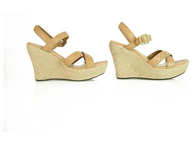 Ugg Australia Jasmine Embossed Tan Leather Wedge Heel Sandal Platform Chaussures 40 Beige - vue 5