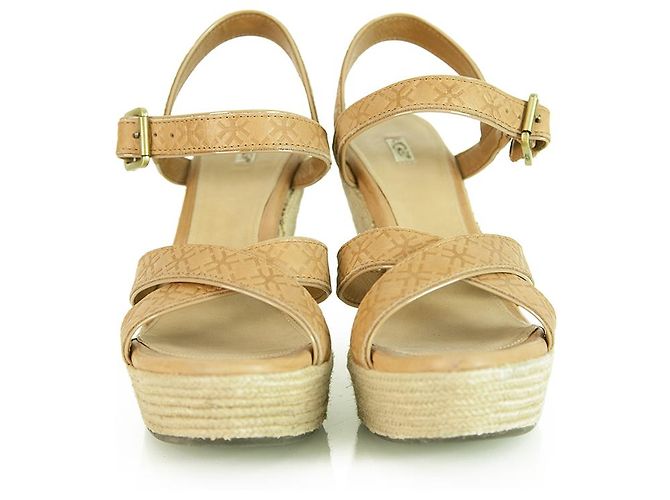 Ugg Australia Jasmine Embossed Tan Leather Wedge Heel Sandal Platform Chaussures 40 Beige - vue 6