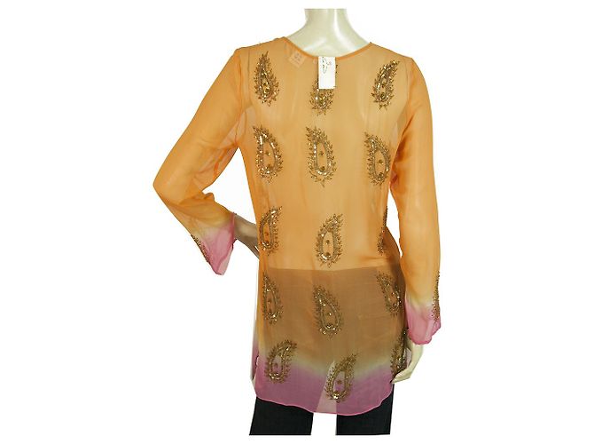Autre Marque A ce soir Orange Silk Paisley Paillettes Camicetta Tunica Caftano Cover Up Top sz S Multicolore - vista 2