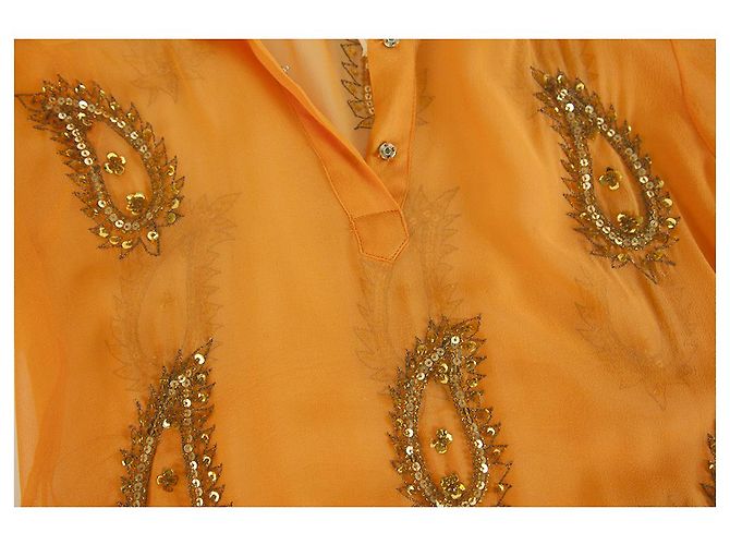 Autre Marque A ce soir Orange Silk Paisley Paillettes Camicetta Tunica Caftano Cover Up Top sz S Multicolore - vista 4