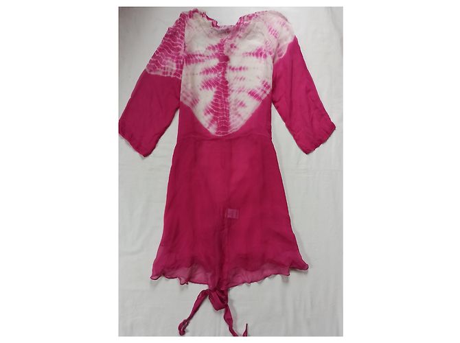 Antik Batik Mini Chiffon Kleid Seide Rosa Cremeweiß Pink Aus weiß - Ansicht 2