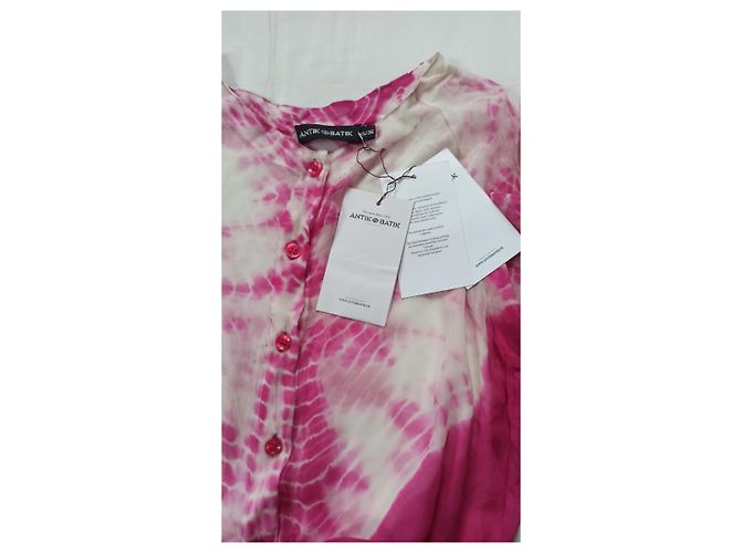 Antik Batik Mini Chiffon Kleid Seide Rosa Cremeweiß Pink Aus weiß - Ansicht 3