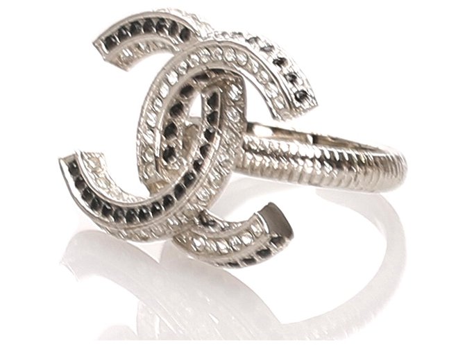 bague femme anneau métal argenté Strass pierre noire style onyx taille 51