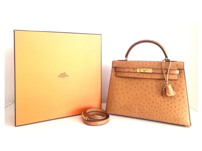 Hermès hermes kelly 32 in oro struzzo Marrone chiaro - vista 11