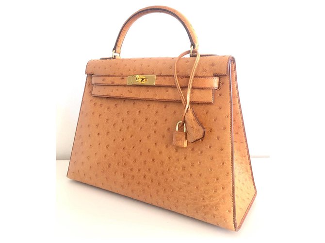 Hermès hermes kelly 32 in oro struzzo Marrone chiaro - vista 2