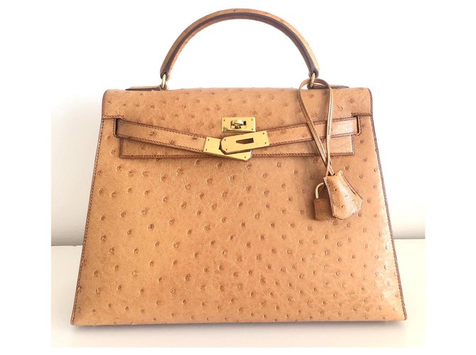 Hermès hermes kelly 32 in oro struzzo Marrone chiaro - vista 5