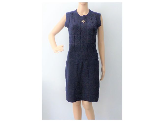 Chanel Paris-Shanghai Kamelien Strickkleid aus Wolle Blau - Ansicht 6