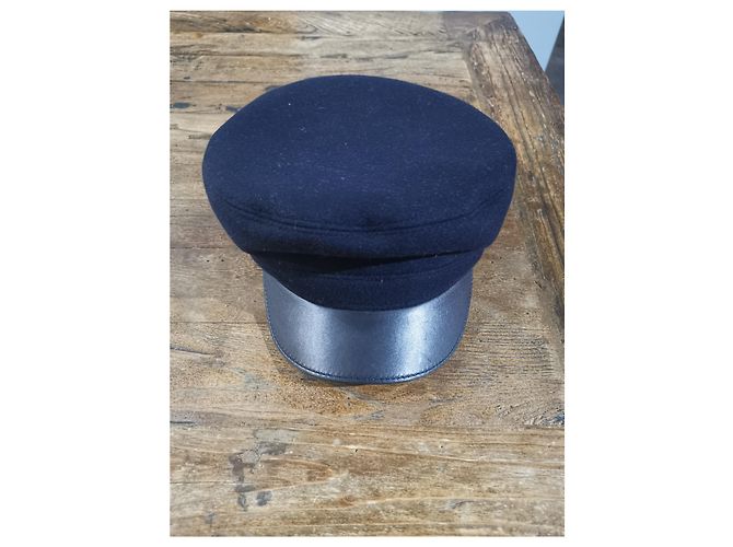 Hermès Hermes Wolle & Leder Baker Boy's Hut Schwarz Marineblau - Ansicht 3