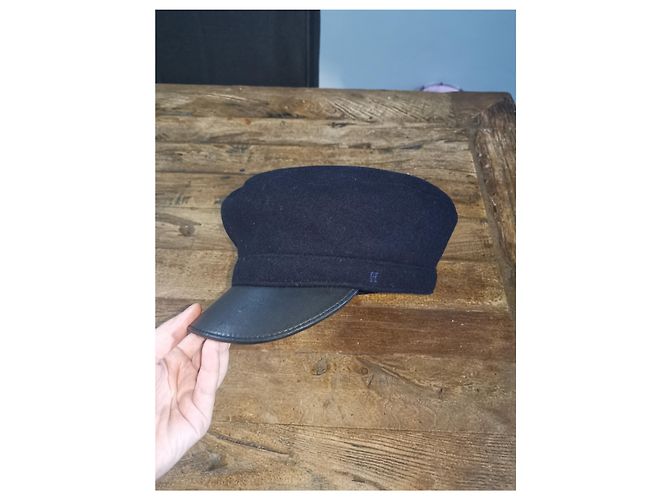 Hermès Hermes Wolle & Leder Baker Boy's Hut Schwarz Marineblau - Ansicht 7