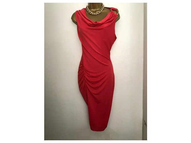 Halston Heritage Drapiertes Kleid mit Metallelement Rot Koralle - Ansicht 2