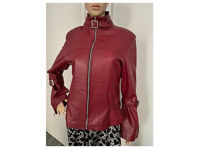 Autre Marque Rote Lederjacke mit ausgestellten Ärmeln - Ansicht 11