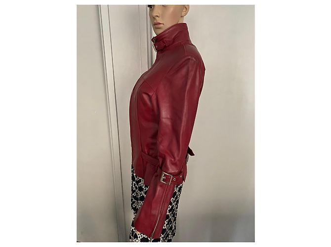 Autre Marque Rote Lederjacke mit ausgestellten Ärmeln - Ansicht 14