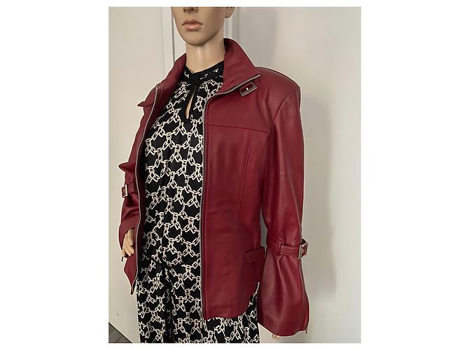 Autre Marque Rote Lederjacke mit ausgestellten Ärmeln - Ansicht 7