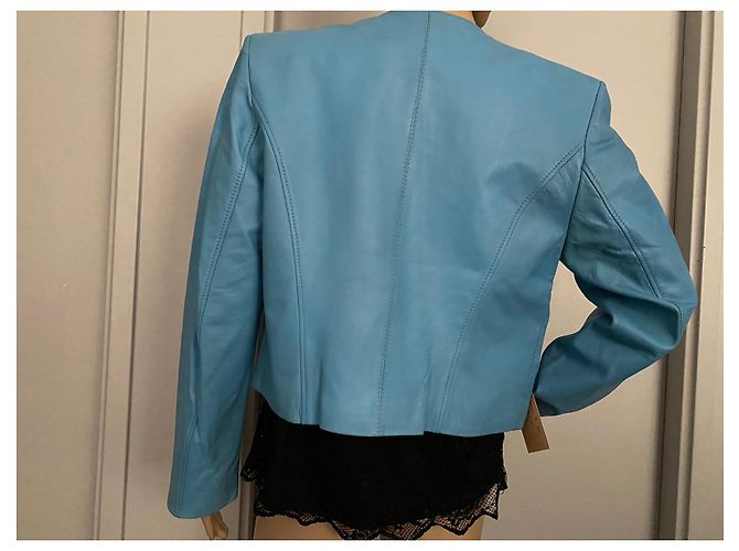 Autre Marque Giacca corta in pelle blu Blu chiaro - vista 10