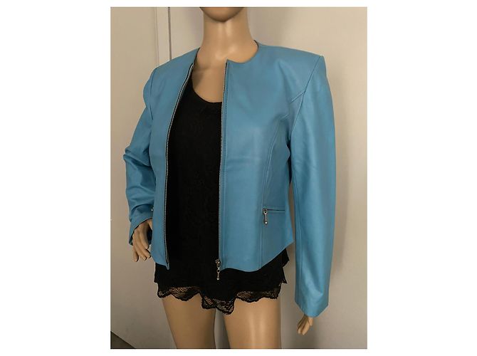 Autre Marque Giacca corta in pelle blu Blu chiaro - vista 11