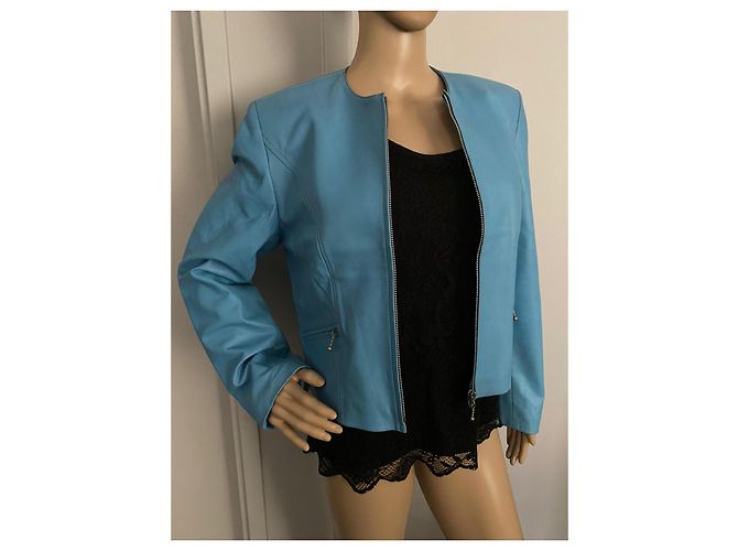Autre Marque Giacca corta in pelle blu Blu chiaro - vista 12