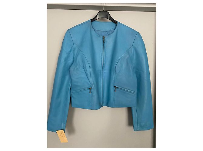 Autre Marque Giacca corta in pelle blu Blu chiaro - vista 6