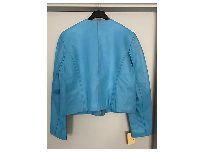 Autre Marque Giacca corta in pelle blu Blu chiaro - vista 7